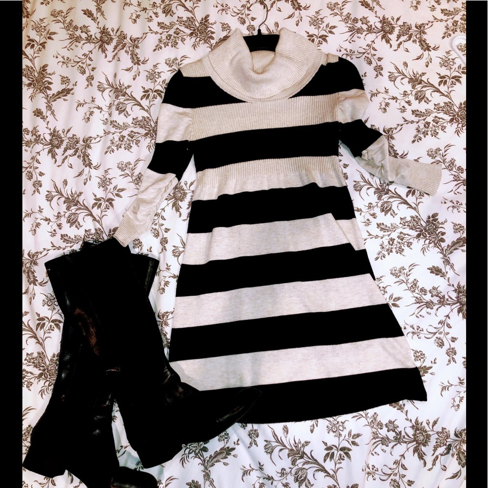 Black and Cream Striped Dress With Ruched Sleeves